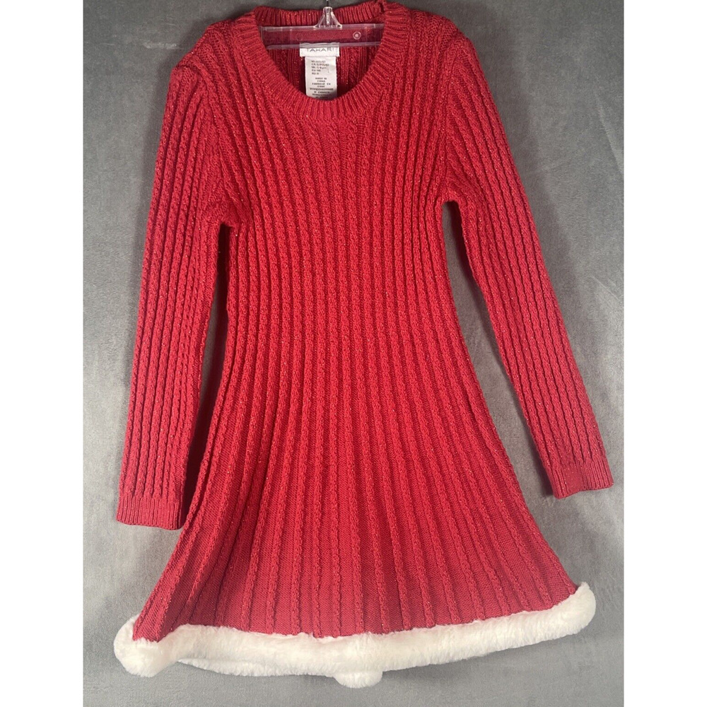 Tahari Dress Girl's 5/6 Red Cable Knit Sparkly Faux Fur Trim Christmas Party